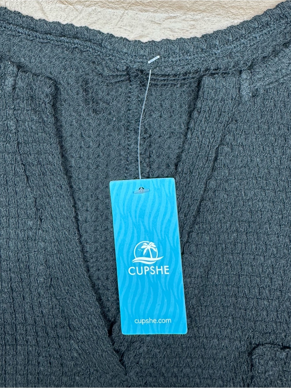 Cupshe Black Waffle Knit V-Neck Long Sleeve Top Size XL - Picture 7 of 8